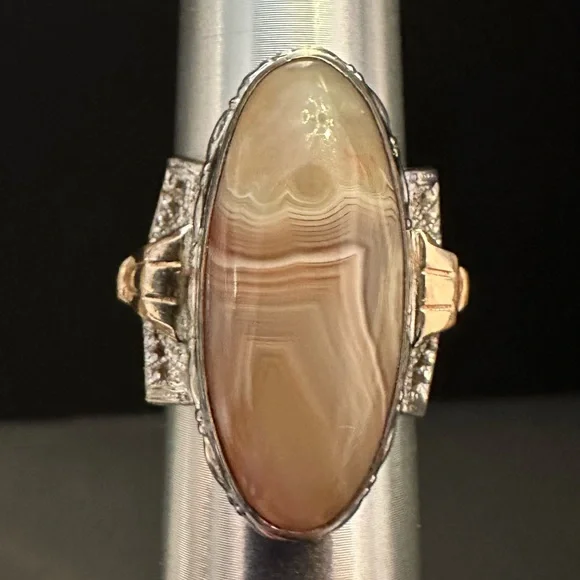 VTG Agate Pinky Ring Sterling Silver & 10K GF Long Oval Cabochon